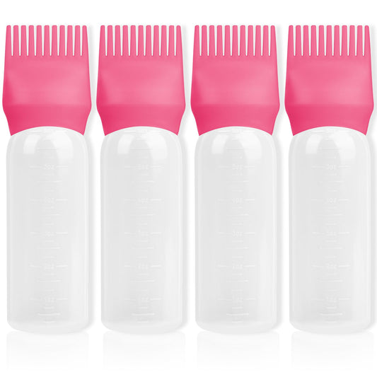 BLAAROOM Root Comb Applicator Bottle 6 Ounce, 4 Pack Hair Oil Applicator Bottle, Hair Dye Bottle Applicator Tools with Hair Oil Dispenser Root Comb Brush for Hair Oiling Applicator - Dark Pink