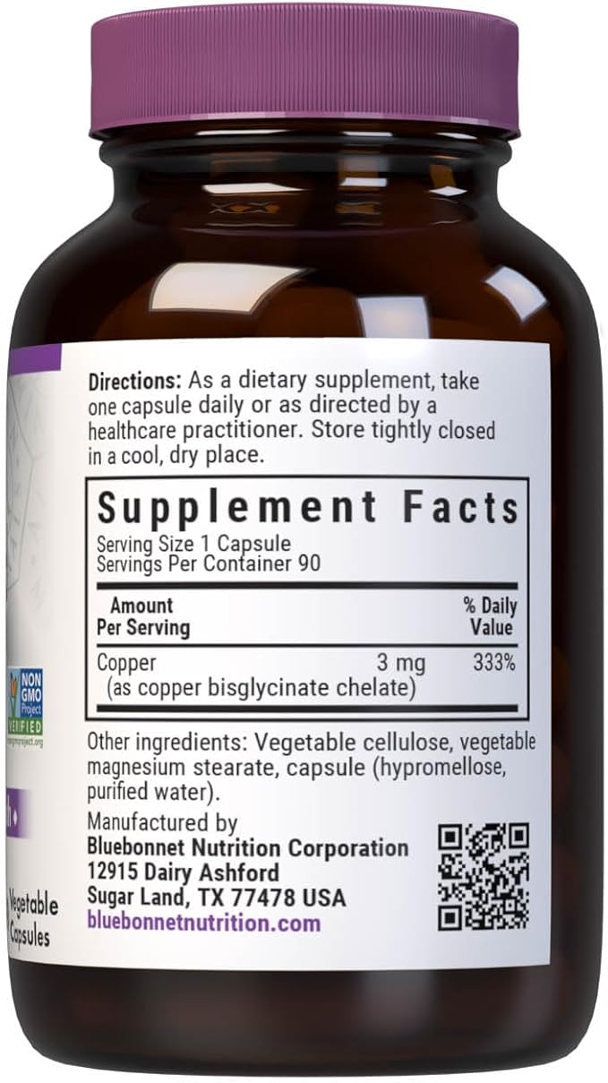 Bluebonnet Nutrition Albion Chelated Copper, 3 mg of Copper, For Nervous System & Immune Health*, Soy-Free, Gluten-Free, Non-GMO, Kosher Certified, Dairy-Free, Vegan, 90 Vegetable Capsule, 90 Servings