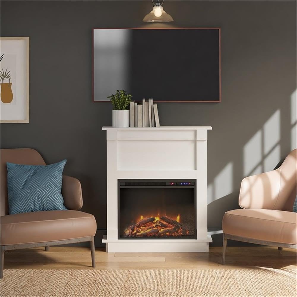 Ameriwood Home Ellsworth Fireplace with Mantel, White - Cozy Electric Heater for Home & Kitchen, 400 sq. ft. Heating, Remote Control, Neutral Finish