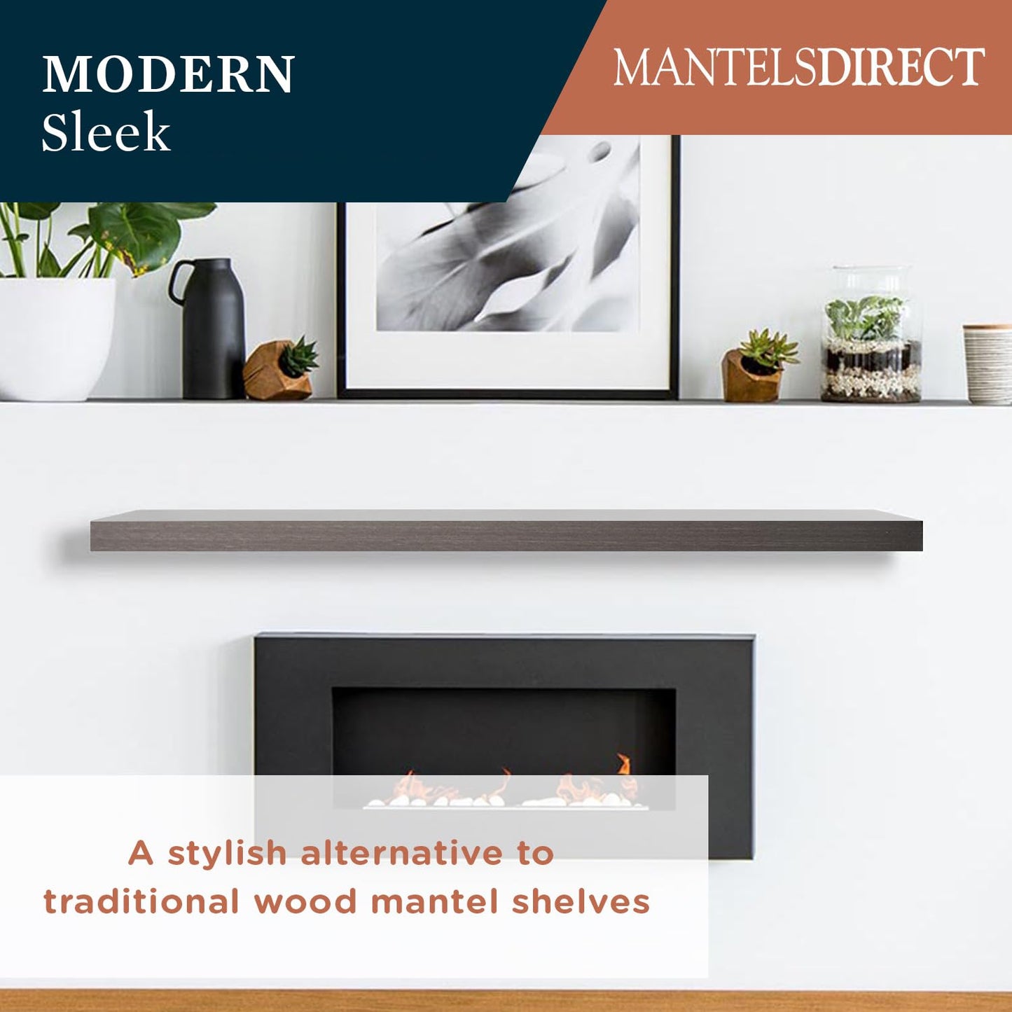 MANTELSDIRECT Titus 52 Inch Metal Stainless Steel Non-Combustible Fireplace Mantel Shelf - Shadow Iron Beautiful Modern Shelf Perfect for Electric Fireplaces and More!