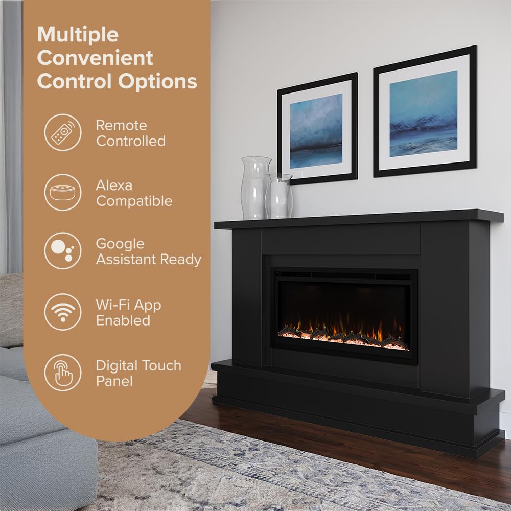Modern Ember Patton Black Mantel Package 64" W x 42" H with 42 Inch Electric Fireplace - 5 Flame Colors, 10 Ember Bed Colors, Log Kit & Crystal Embers | Alexa/WiFi Enabled