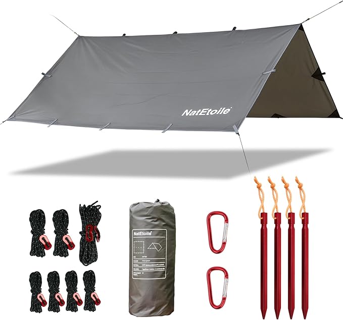 Camping Tarp by NatEtoile - Versatile 10X10 ft Portable Rain Fly for Hammock with 19 Tie-Outs,PU 5000mm Waterproof Sunproof Tarp Shelter - Ideal for Camping, Hiking, Backpacking, and Hammock Cover