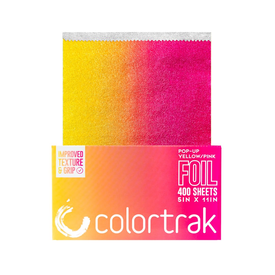 Colortrak Yellow/Pink Gradient Pop-up Foil w/Dispenser (400 Count), Pre-cut Sheets, Non-Slip Embossed Texture, 5" x 10.75" Sheets for Hair Foil Coloring and Highlighting Sheet Applications