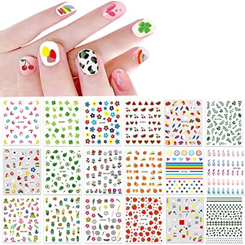 18 Sheets Nail Stickers for Women and Little Girls Nail Art Decoration - Self-Adhesive DIY Nail Decals Set Including Hearts Fruits Flowers Leaves Animals Rainbow Nail Art Stickers for Woman Kids