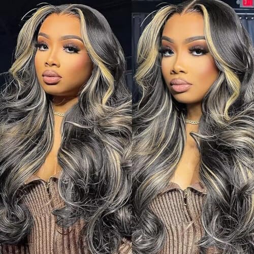 28 Inch 13x6 Balayage Highlight Lace Front Wig Human Hair 13x6 HD Lace Front Wigs Human Hair Body Wave Wig 180% Density FB/27 Colored Frontal Wigs Glueless for Women Ombre