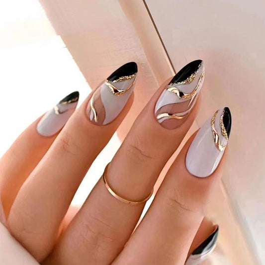 Almond Press on Nails Short Fake Nails White False Nails Press ons with Designs Gold Glitter Black Glue on Nails Glossy Full Cover Acrylic Nails Artificial Stick on Nails for Women Decorations 24Pcs