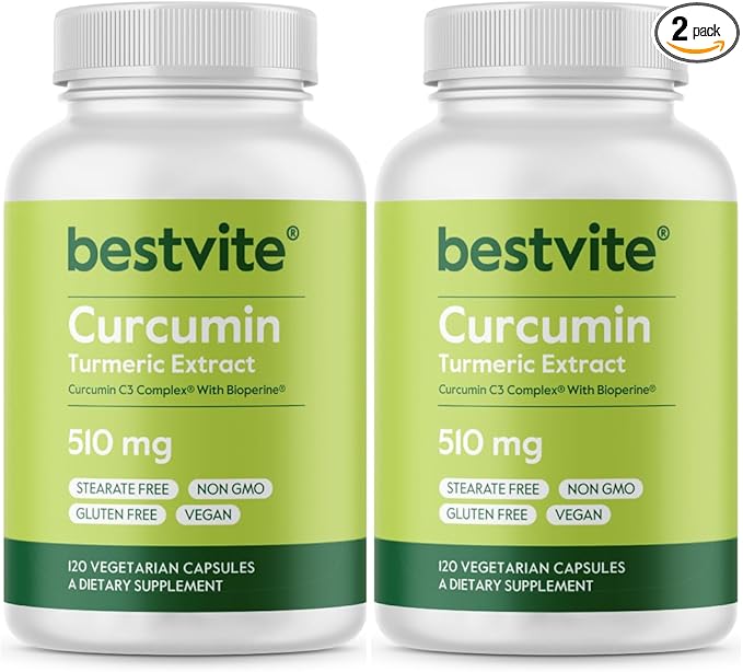 BESTVITE Curcumin 510mg (Turmeric)(240 Vegetarian Capsules) (120 x 2) with Curcumin C3 Complex & Bioperine - Standardized to 95% Curcuminoids - No Stearates - Vegan - Non GMO - Gluten Free