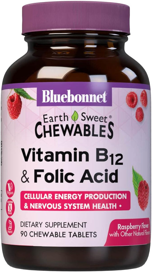 BlueBonnet Nutrition Earth Sweet Vitamin B12 & Folic Acid Chewable Tablets, Soy-Free, Gluten-Free, Raspberry 90 Count (Pack of 1)