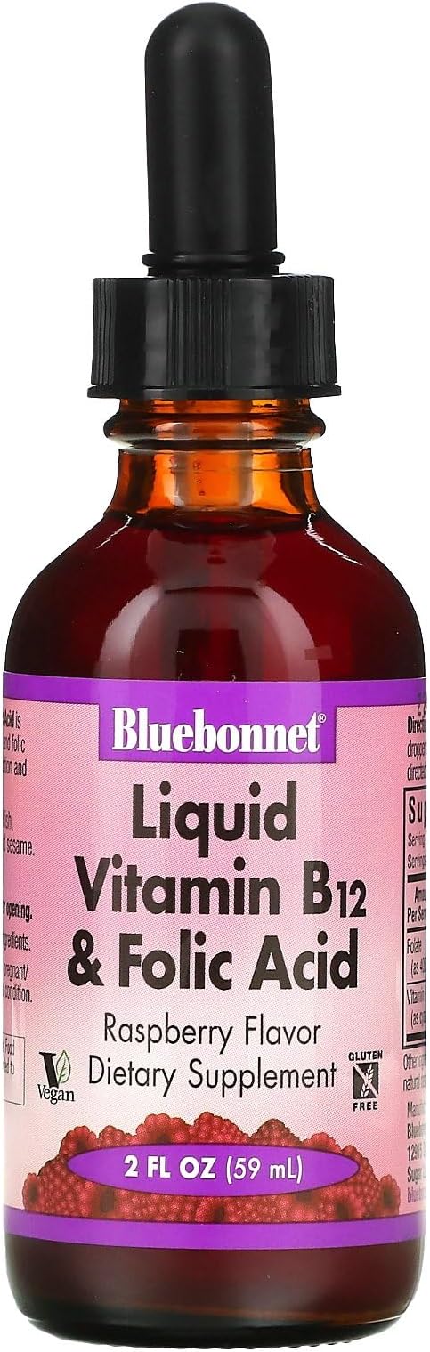 Bluebonnet Nutrition Liquid Vitamin B12 & Folic Acid, for Energy Boost*, Soy-Free, Gluten-Free, Dairy-Free, Vegan, 400 mcg of Folic Acid & 1000 mcg of Vitamin B12 Per Serving, 2 fl oz, 59 Servings