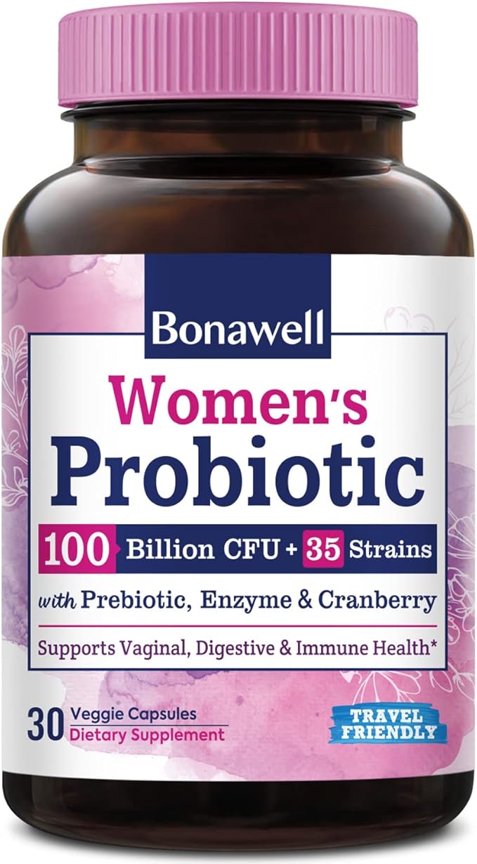 Bonawell Probiotics for Women 100B, with Prebiotics, Digestive Enzymes & Organic Cranberry for Female Vaginal Health, Digestion & Immunity, Shelf-Stable, Delayed-Release, 30 Veggie Caps