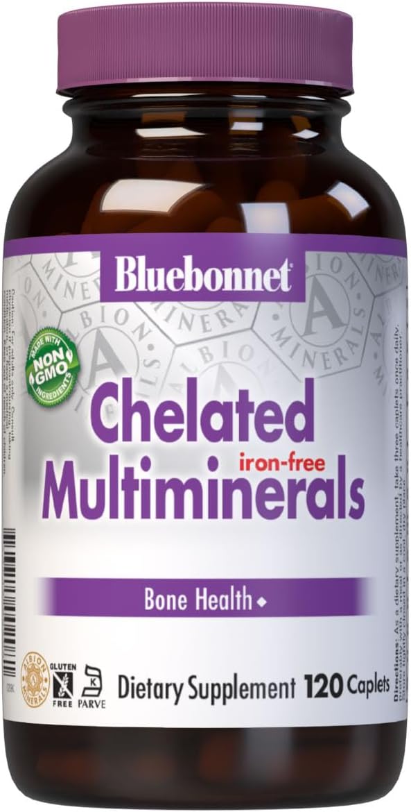 Bluebonnet Nutrition High Potency Chelated Multiminerals (Iron-Free), Albion Chelated Minerals, Soy-Free, Gluten-Free, Non-GMO, Kosher Certified, Dairy-Free, 120 Caplets, 40 Servings