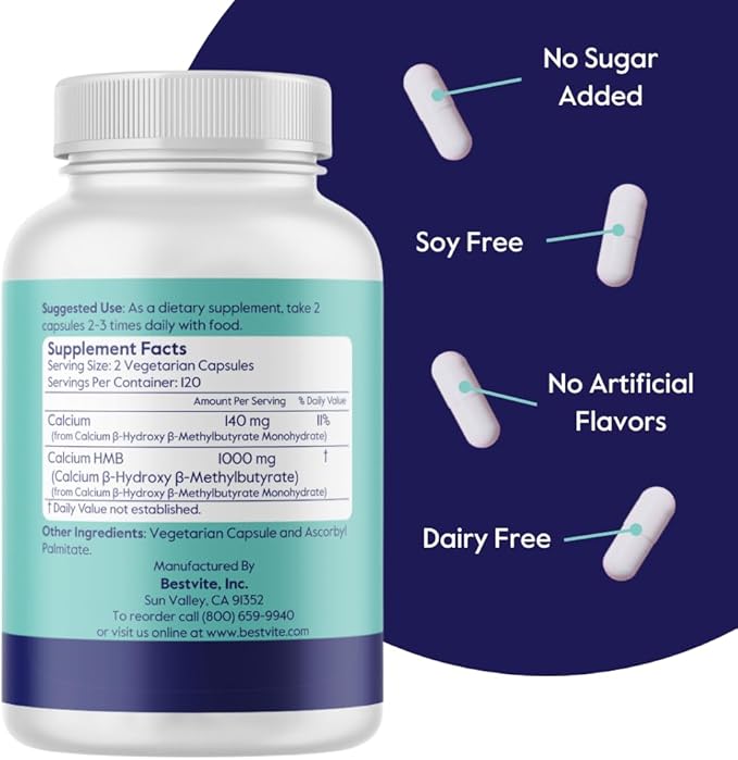 BESTVITE HMB 1000mg per Serving (240 Vegetarian Capsules) - No Stearates - Vegan - Non GMO - Gluten Free - HMB Supplement