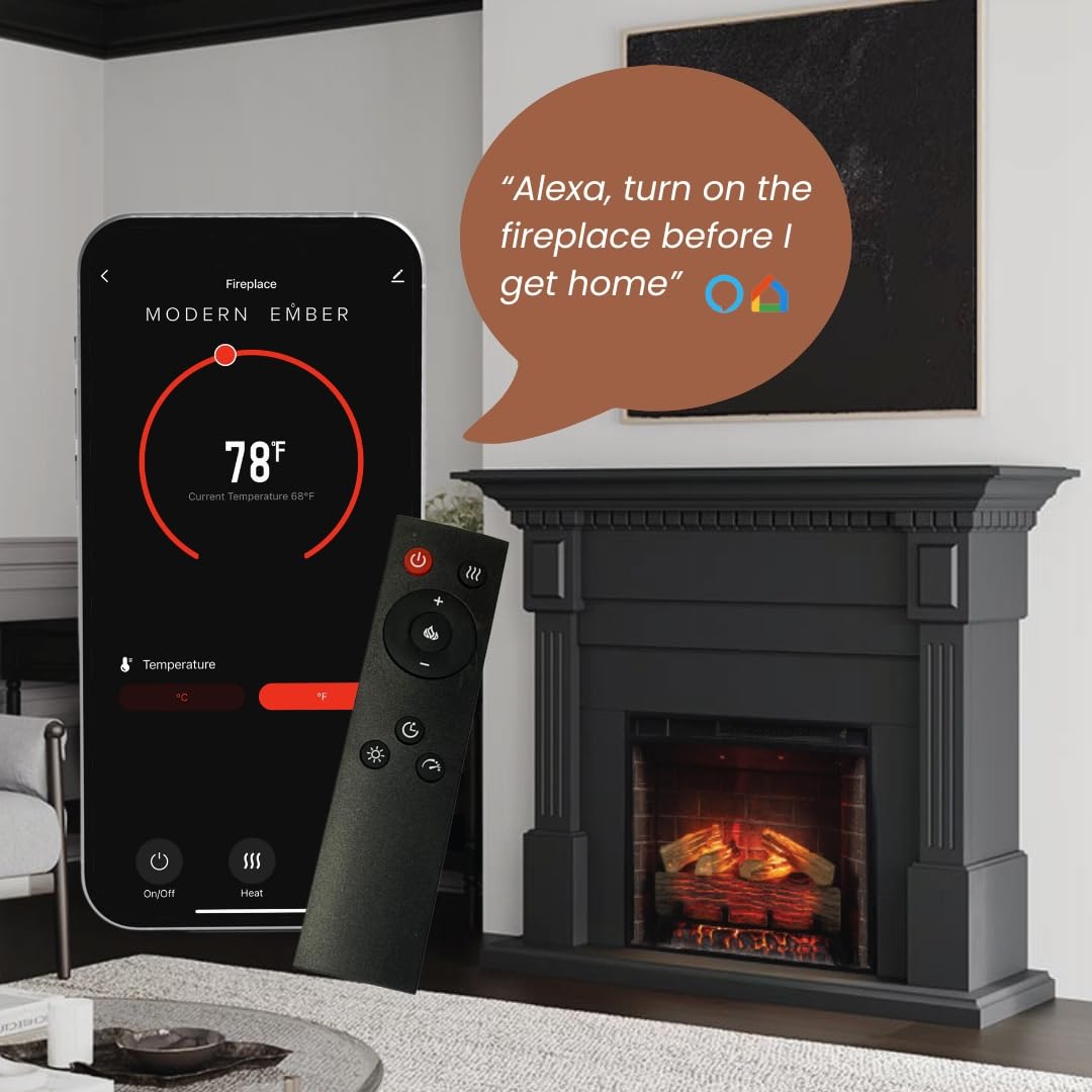 Modern Ember Augustine Black Mantel Package 55" W x 48" H with 28 Inch Electric Fireplace Insert - 1,000 Sq Ft Heater 4 Flame Colors, Ember Bed Included | Alexa/WiFi Enabled