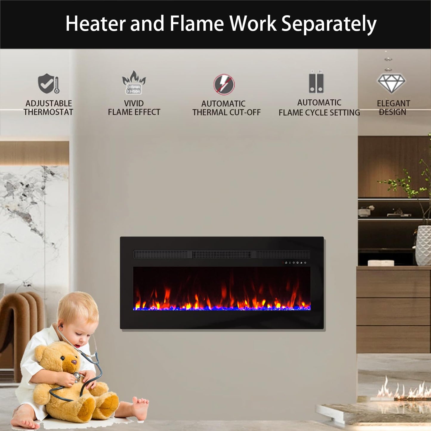 Panana Electric Fireplace Heater Wall-Mounted or Recessed Electric Fireplace Inserts with Timer, Touch Screen/Remote Control, Adjustable Flame Color and Speed,5000 BTU Heat Output (50")