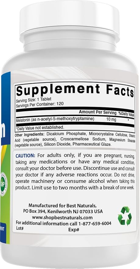 Best Naturals Melatonin 10mg (Non-GMO) Tablets - Helps Promote Relaxation & Sleep - 120 Count