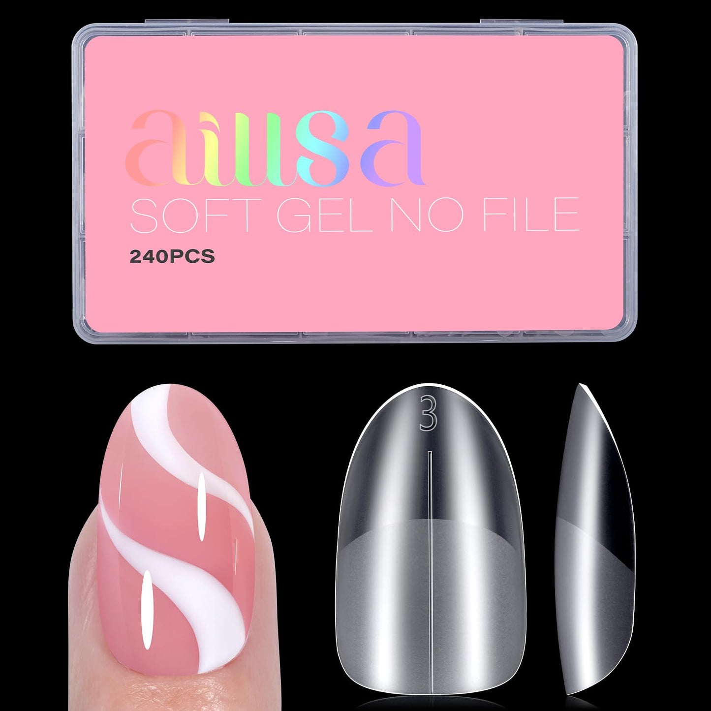 AILLSA Short Almond Nail Tips with Box, 15 Sizes Press On Gel Nail Tips Double Matte Pre-Buffed Almond Shaped Nails Tips Soft Full Cover Clear False Nail Tips for Nail Extension 240PCS