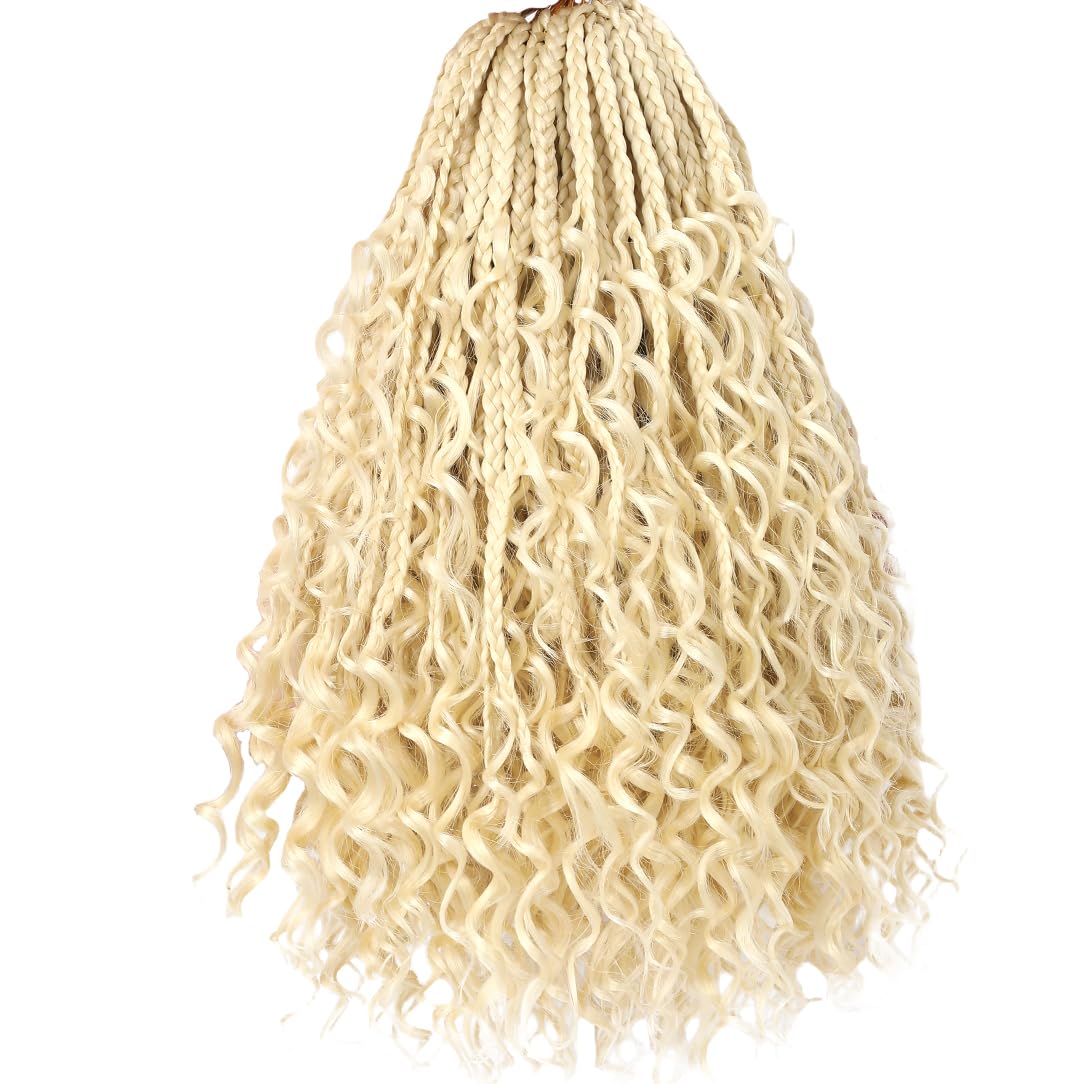 Beverlee 14 Inch Boho Box Braids 8 Packs Goddess Box Braids Crochet Hair Bohemian Hippie Braids Braiding Hair Box Braids with Curly Ends Messy Pre-looped Synthetic Crochet Hair for Women 613#