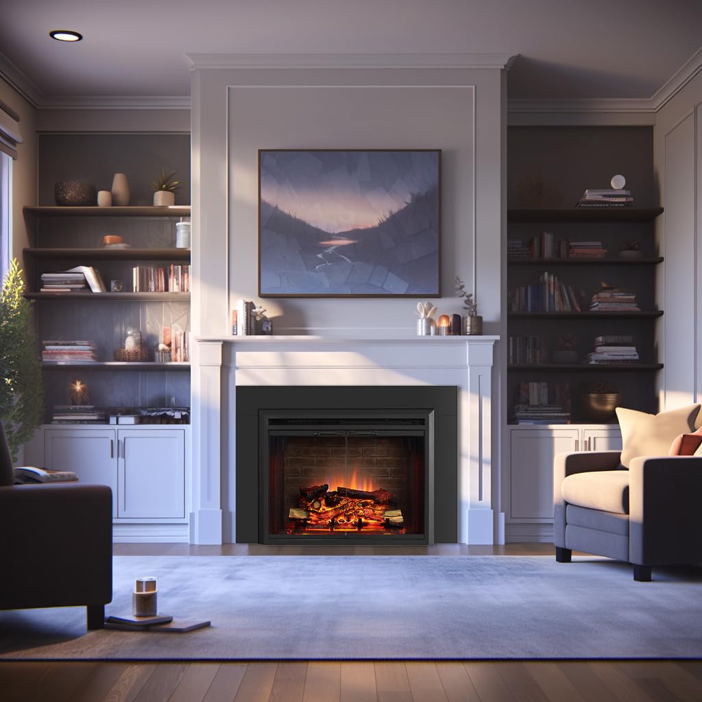 PuraFlame Klaus 30” Electric Fireplace Insert with Trim Kit, Fire Crackling Sound, Resin Log, Glass Door and Mesh Screen, 750/1500W Heater, Black