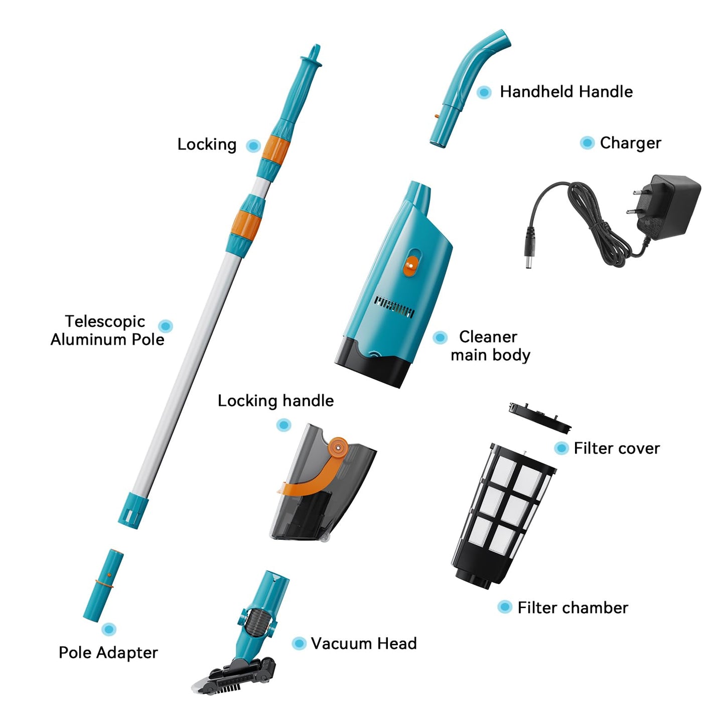 LVKE L2 Cordless Handheld Pool Vacuum for Above Ground Pool with Telescopic Pole, Strong Suction Power, 1H Runtime, High-Efficiency Screen & Fine Sponge, Ideal for Deep Pool Cleaning, Blue