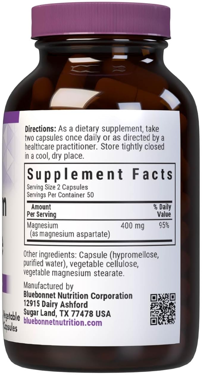 Bluebonnet Nutrition Magnesium Aspartate, Stress Relief*, Bone Health*, Heart Health*, Non-GMO, Vegan, Kosher Certified, Gluten-Free, Soy-Free, Dairy-Free, 100 Vegetable Capsules, 50 Servings