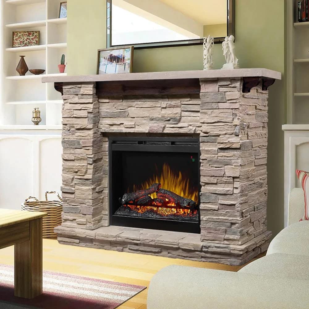 Dimplex Featherston Electric Fireplace with Mantel Surround Package | Pine with Gray Stone-Look, Includes 28" Electric Firebox Heater | 1500W | LED Flames | Remote Control | #GDS28L8-1152LR