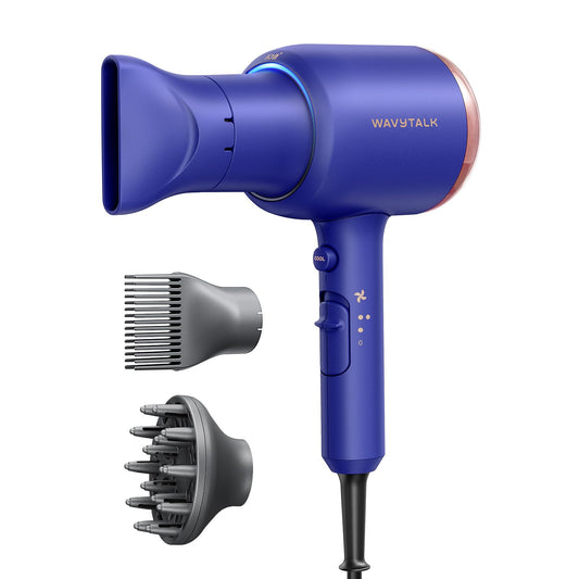 Wavytalk Hair Dryer with Diffuser, Blown Away Ionic Hair Dryer for Curly Hair, 1875W Fast Drying Blow Dryer with Ceramic Technology, 3 Attachments for All Hair Types, Light and Quiet, Sapphire Blue