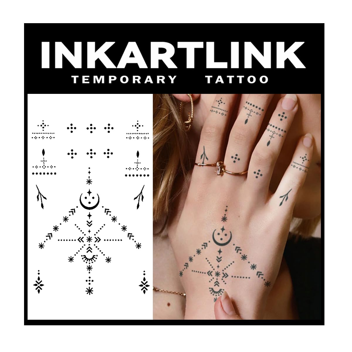 INKARTLINK Tattoo Tech, 2 Sheets Medium Semi Permanent Tattoo, Adult Art Design Temporary Tattoos, Lasts 1-2 Weeks, (Henna Finger Tattoo for Women 5)