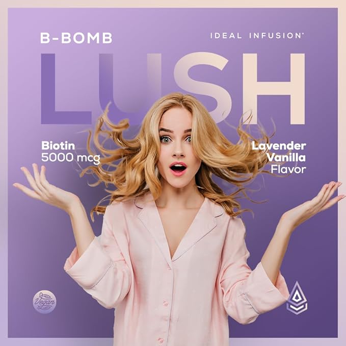 Ideal Infusion B-Bomb Lush Biotin Liquid Spray: Organic Lavender Vanilla - 5000mcg, Hair Growth Vitamin for Thickness and Volume - Skin Health, Stronger Nails, Keto, Vegan