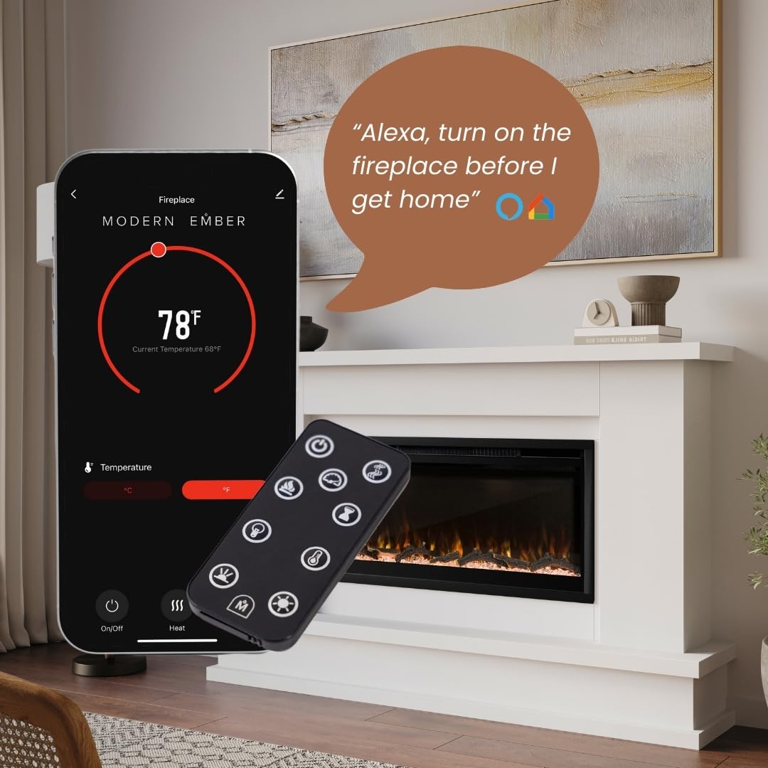 Modern Ember Patton White Mantel Package 64" W x 42" H with 42 Inch Electric Fireplace - 5 Flame Colors, 10 Ember Bed Colors, Log Kit & Crystal Embers | Alexa/WiFi Enabled