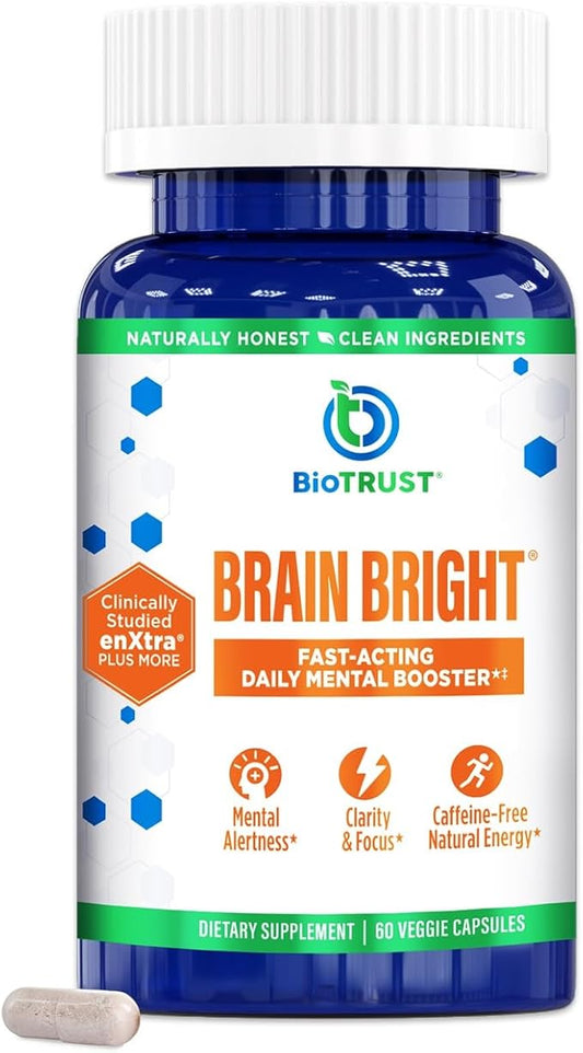 BioTrust Brain Bright – Daily Nootropic Boost for Focus, Concentration, Mental Clarity – Caffeine Free Nootropics Brain Support Supplement – Thai Ginger, Ginkgo, Folate, L-Theanine – 30 Servings