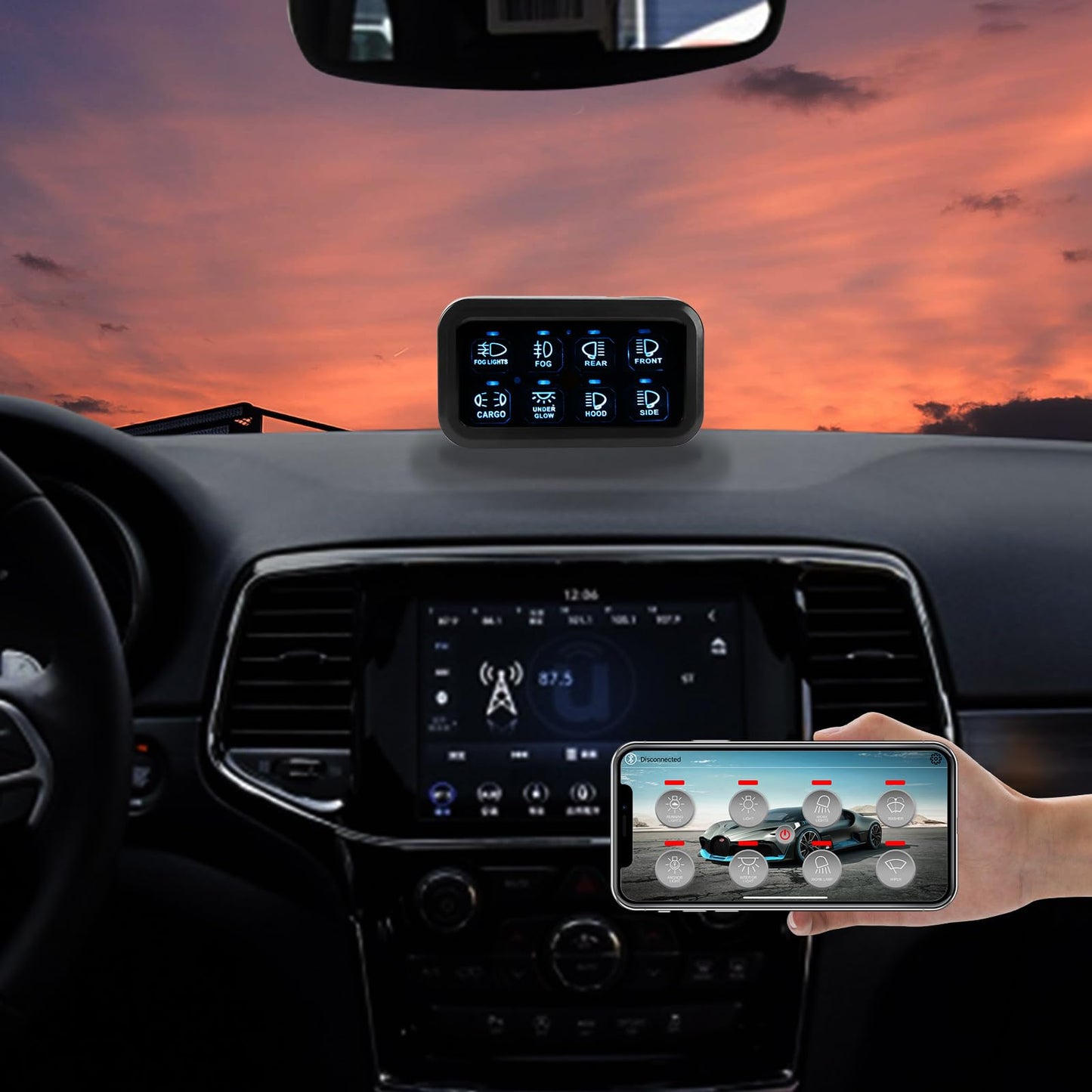 SUNPIE 8 Gang Switch Panel RGB, Toggle Momentary Pulsed Multifunction Bluetooth Switch Panel for Jeep Car SUV ATV UTV Boat Marine, Universal 12V Circuit Control Relay System Box Waterproof