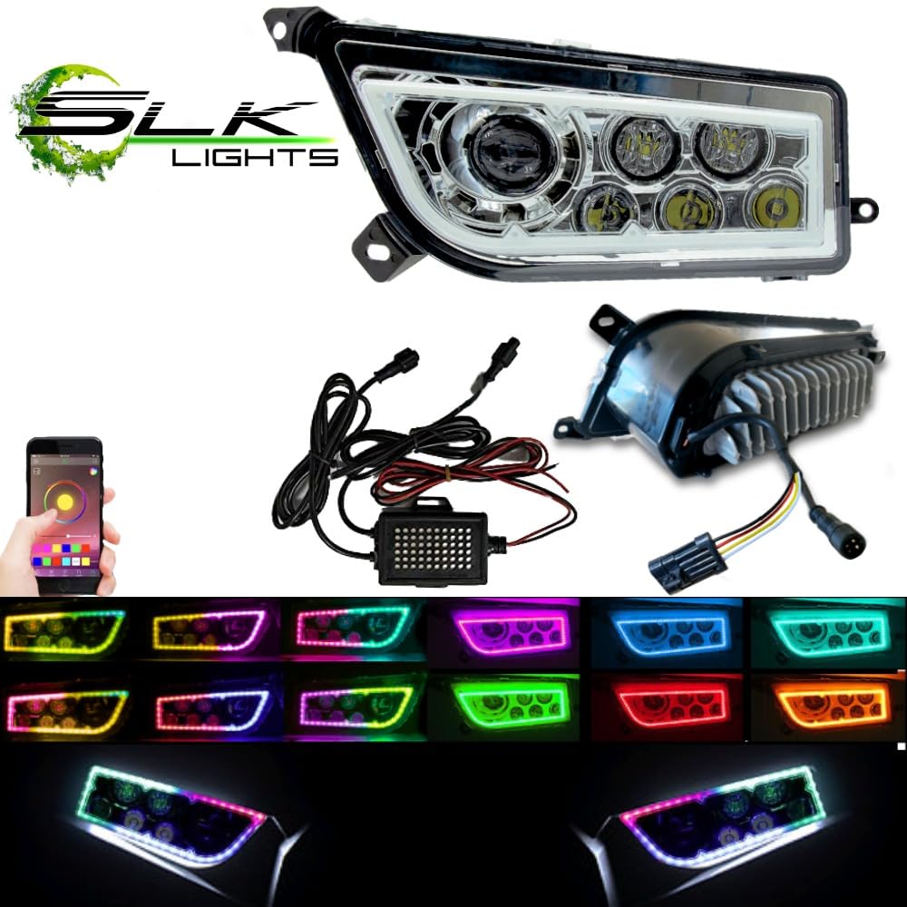 SLK Lights 2024 Improved RZR LED Headlight RGB Halo Compatible With Polaris General, RZR 900s, Razor 1000 XP Turbo (Fits: 2014-2024) (Chrome RGB Halo)