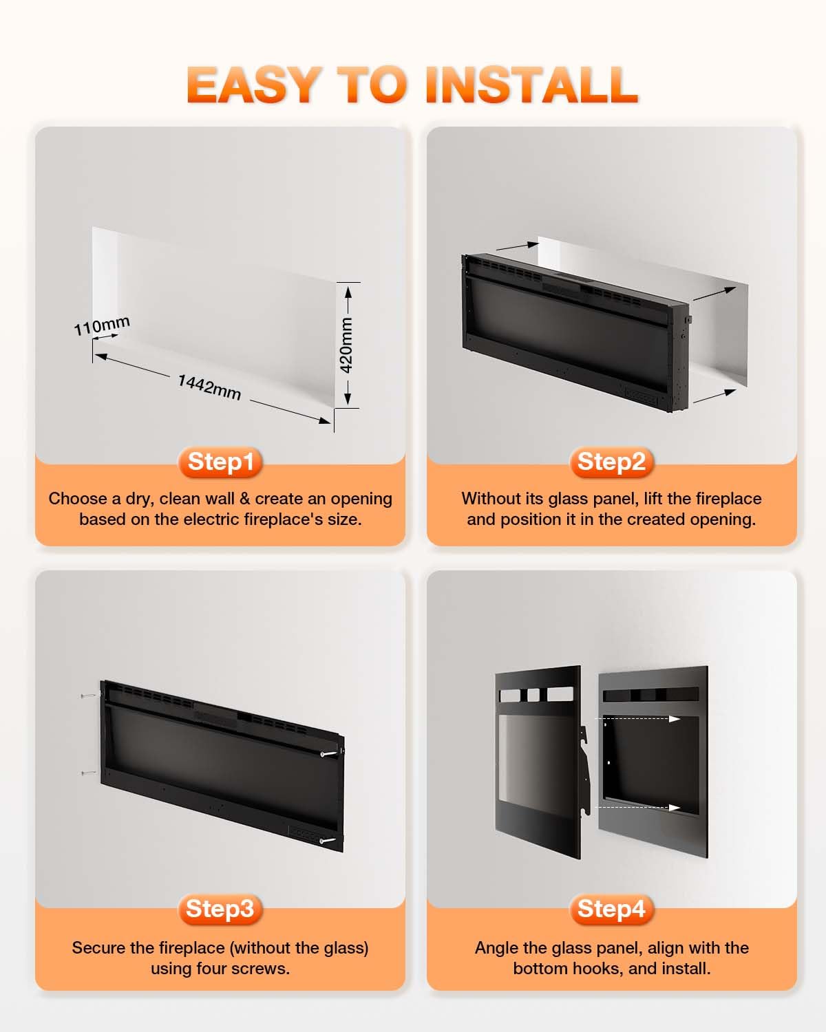 Electric Fireplace 60Inch,Realistic Flame Electric Fireplace Heater,Log Set,Crystal Flames 750-1500W with Timer Inserts,Wall Mounted,TV Stand Touch Screen & Remote for Living Room Easy Install