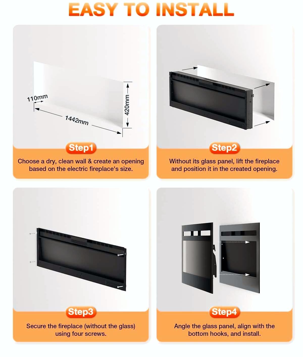 VISVEIL Electric Fireplace 60Inch,Wall Mounted Electric Fireplace Heater with Timer Inserts，TV Stand Touch Screen and Realistic Flame,Log Set,Crystal Flames 750 to 1500W，Remote for Living Room