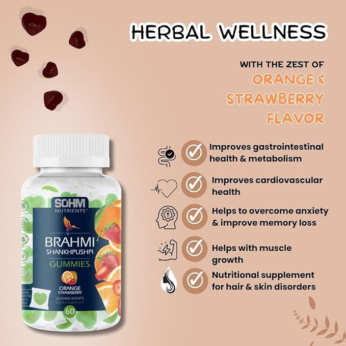 Brahmi and Shankhpushpi Gummies, 60 Count Individually Wrapped, Supports Immune System Vegetarian Without Gluten