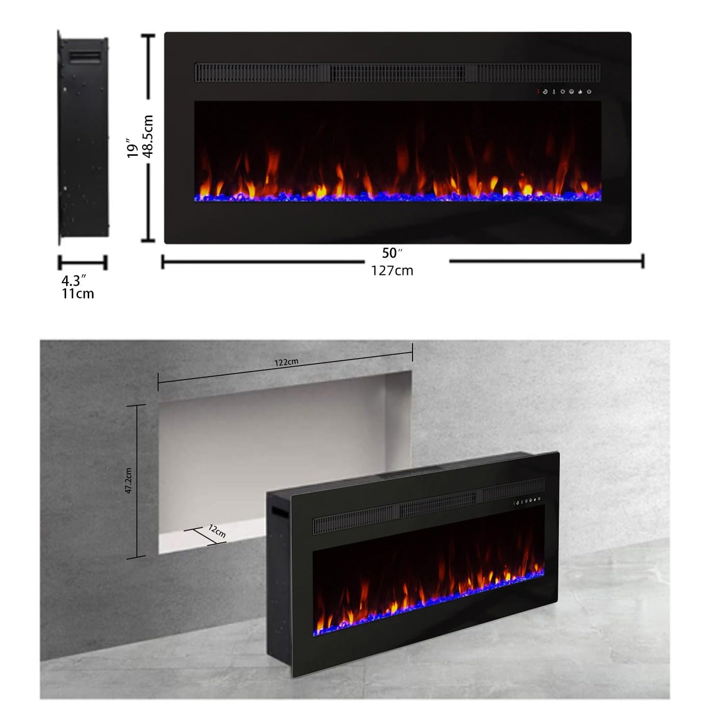 Panana Electric Fireplace Heater Wall-Mounted or Recessed Electric Fireplace Inserts with Timer, Touch Screen/Remote Control, Adjustable Flame Color and Speed,5000 BTU Heat Output (50")