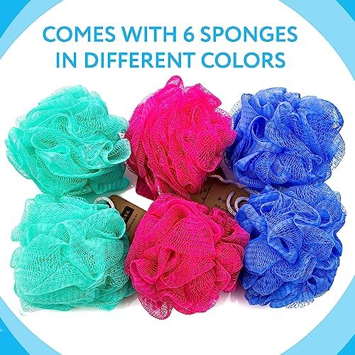 IMPRESA Mesh Bath & Shower Loofah Sponges 6-Pack - 5-Inch Blue Exfoliating Body Puffs - Rich Lather for Men & Women