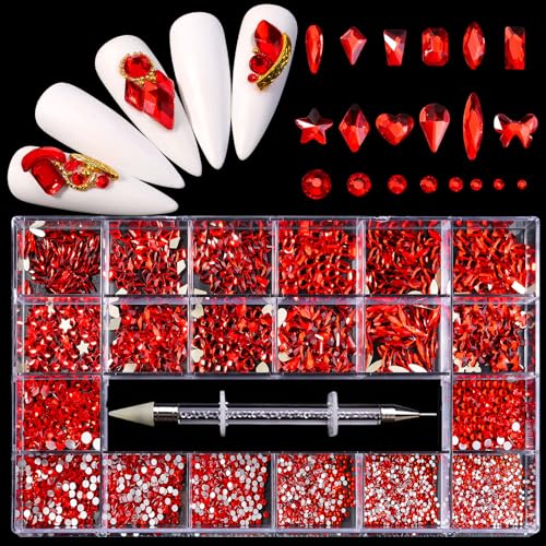 12 Types of Red 600 Diamonds + 2500 Flat Rhinestones Mix 20 Styles Flatback DIY Crafts Rhinestone Crystals 3D Decorations Flat Back Stones Set + Rhinestone Picker Wax Pen