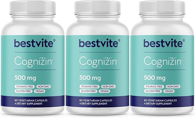 BESTVITE Cognizin 500mg (180 Vegetarian Capsules) (60x3) - Clinically Studied Premium Choline Nootropic - No Stearates - Vegan - Non GMO - Gluten Free - Brain Supplements for Memory and Focus