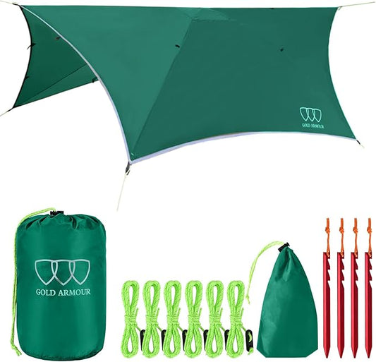 Gold Armour Rainfly Tarp for Hammock and for Tent, Camping Essentials Rain Fly Cover, Waterproof Lightweight Camping Accessories, Survival Camping Gear Camping Tent Accessories (Green)