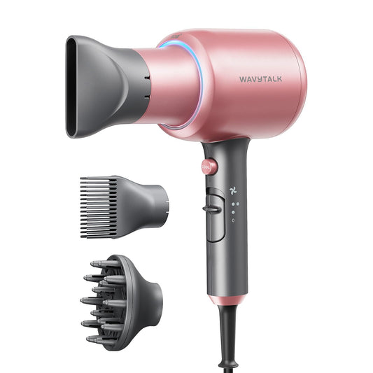 Wavytalk Hair Dryer, Blown Away Ionic Hair Dryer for Curly Hair with Diffuser, 1875W Fast Drying Blow Dryer with Ceramic Technology, 3 Attachments for All Hair Types, Light and Quiet, Rose Gold