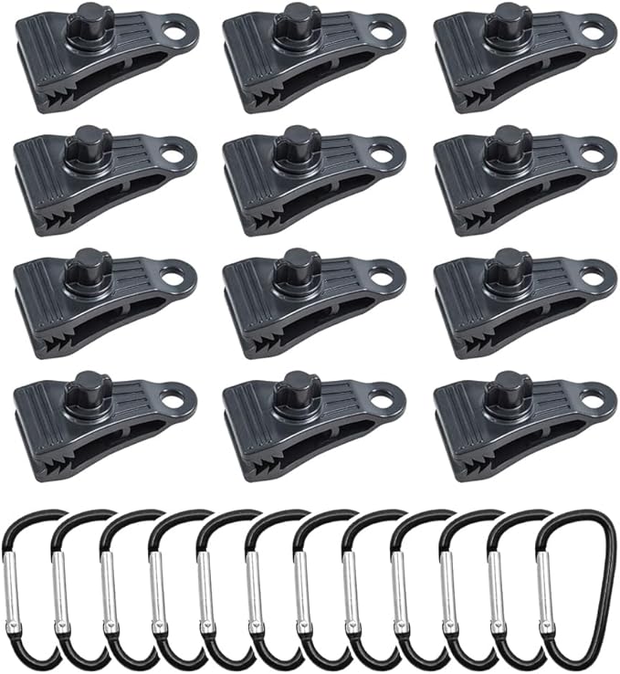 DSkoiph Heavy Duty Outdoor Camping Tarp Clips and D-Shaped Carabiner Hanging Hook Kit Tarp Clamps Thumb Screw Tent Fasteners Clips with Carabiner for Camping Outdoor Activities 24PCS