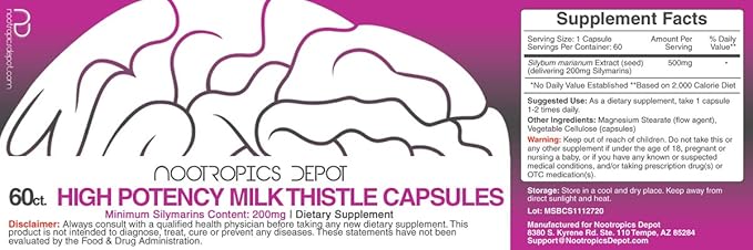 High Potency Milk Thistle Extract Capsules | 200mg of Silymarins from Silybum marianum | 60 Count