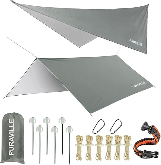 Puraville Rain Fly Camping Tarp 3000mm+ Ultra Waterproof Resistant Sun Shade Lightweight Hammock Tent Tarp with Multifunctional Camping Accessories (12X10 ft Grey)