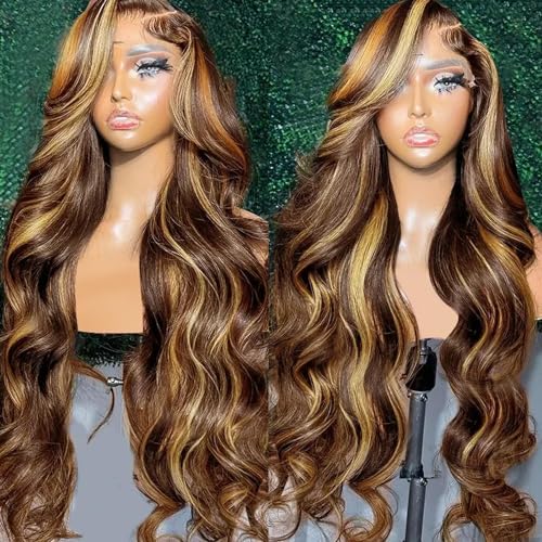 Highlight Ombre 13x6 Lace Front Wig Human Hair 28 Inch Body Wave Honey Blonde Glueless HD Transparent Lace Frontal Wigs for Women 180 Density Human Hair Pre Plucked with Baby Hair