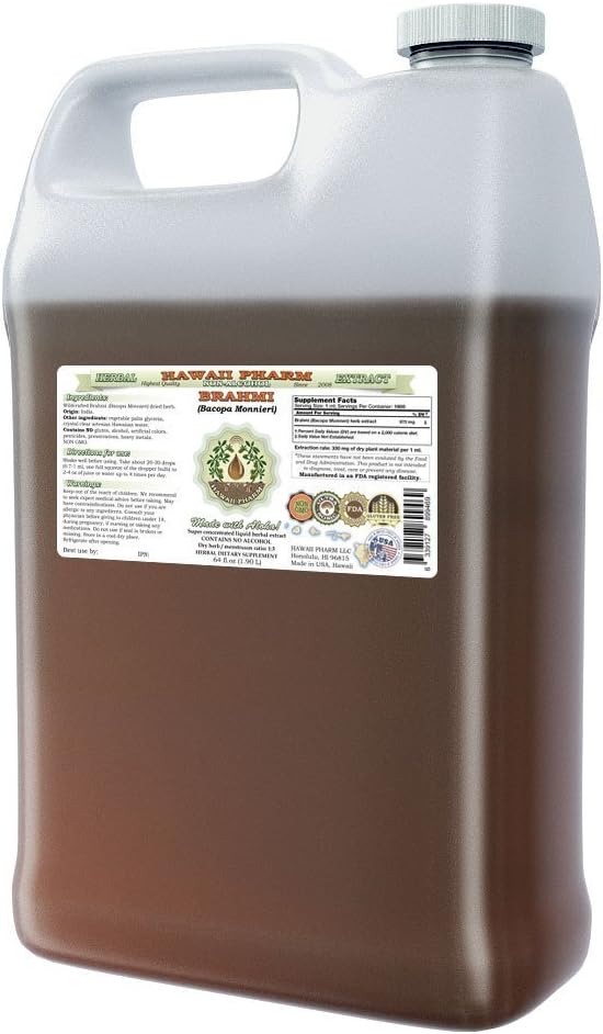 Brahmi Alcohol-Free Liquid Extract, Organic Brahmi Liquid (Bacopa Monnieri) Whole Herb Dried Glycerite Hawaii Pharm Natural Herbal Supplement 64 oz