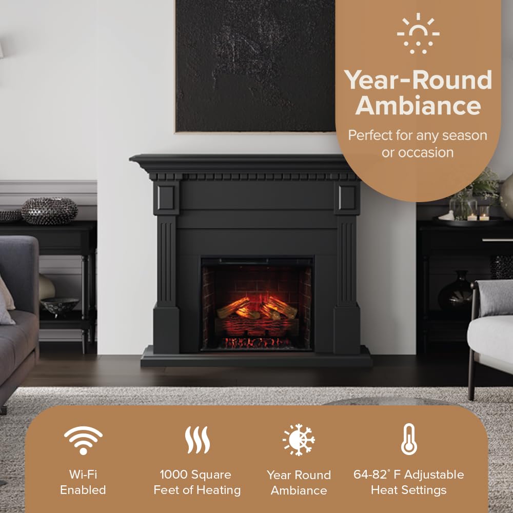 Modern Ember Augustine Black Mantel Package 55" W x 48" H with 28 Inch Electric Fireplace Insert - 1,000 Sq Ft Heater 4 Flame Colors, Ember Bed Included | Alexa/WiFi Enabled