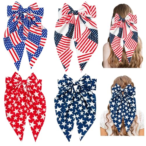 4th of July Hair Bows for Women,Big Ribbon Bow Hair Clips for Girls, Oversized Long Tail Hair Barrettes Cute Hair Accessories (Red Blue White)