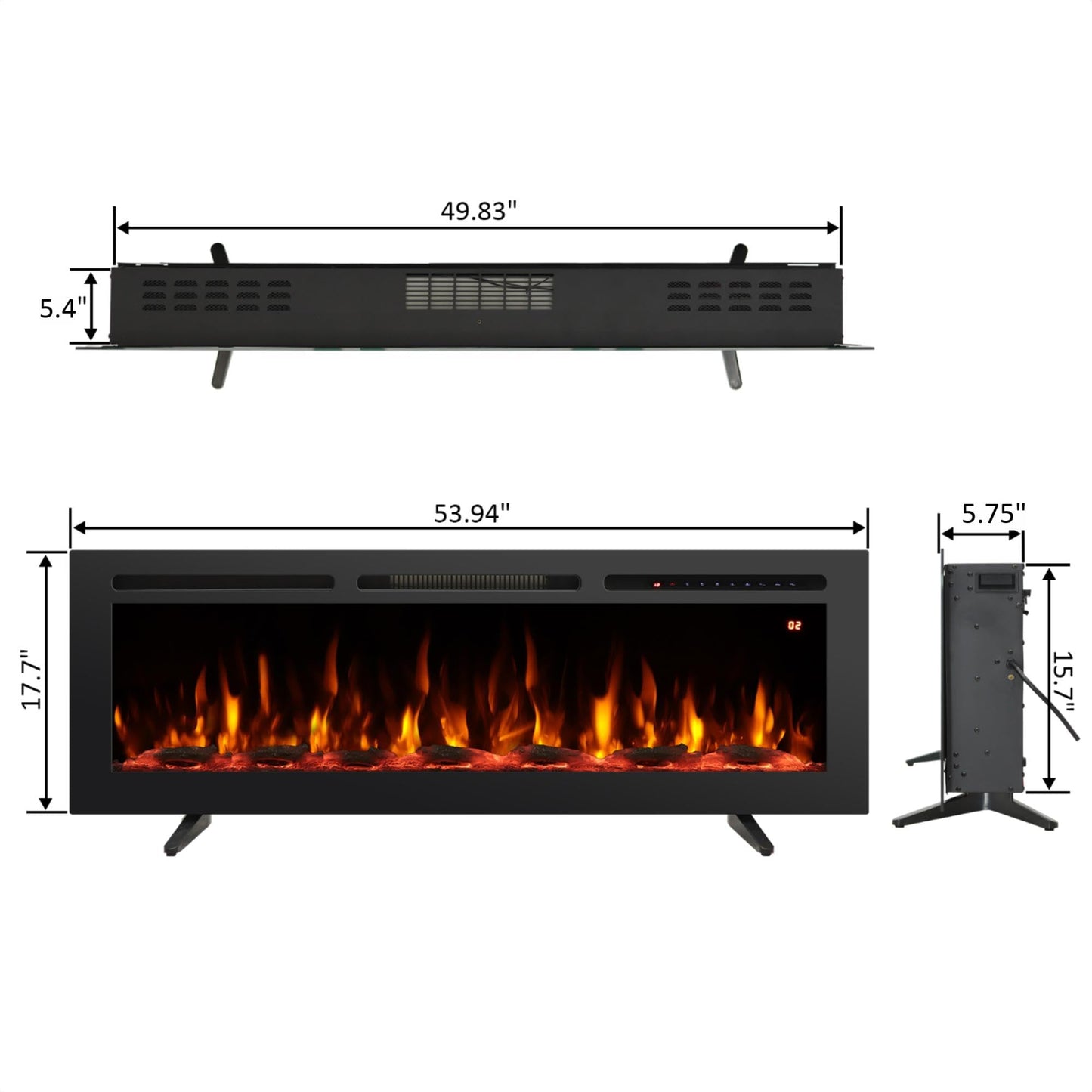 Rodalflame 54" Electric Fireplace Inserts, Adjustable Flame&Speed, Thermostat Heater, Recessed, Wall Mount, Freestanding, Brightness, Child Lock, Timer
