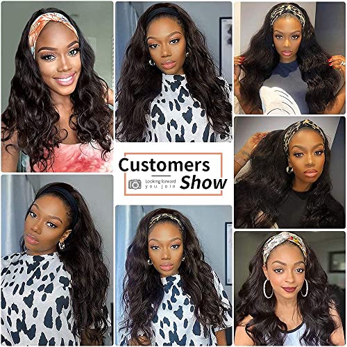 Headband Wig Human Hair Body Wave 16 Inch Glueless None Lace Front Wig Brazilian Virgin Hair Wear and Go Wigs for Black Women 150% Density Wigs Natural Black Color
